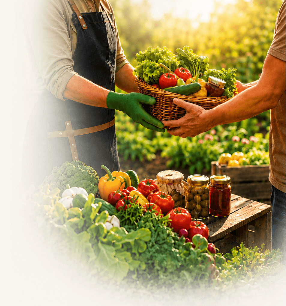Neighbor holding a crate of fresh vegetables