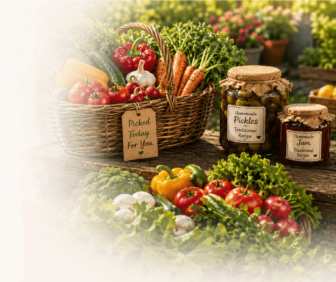Basket of fresh vegetables with homemade pickles and jam