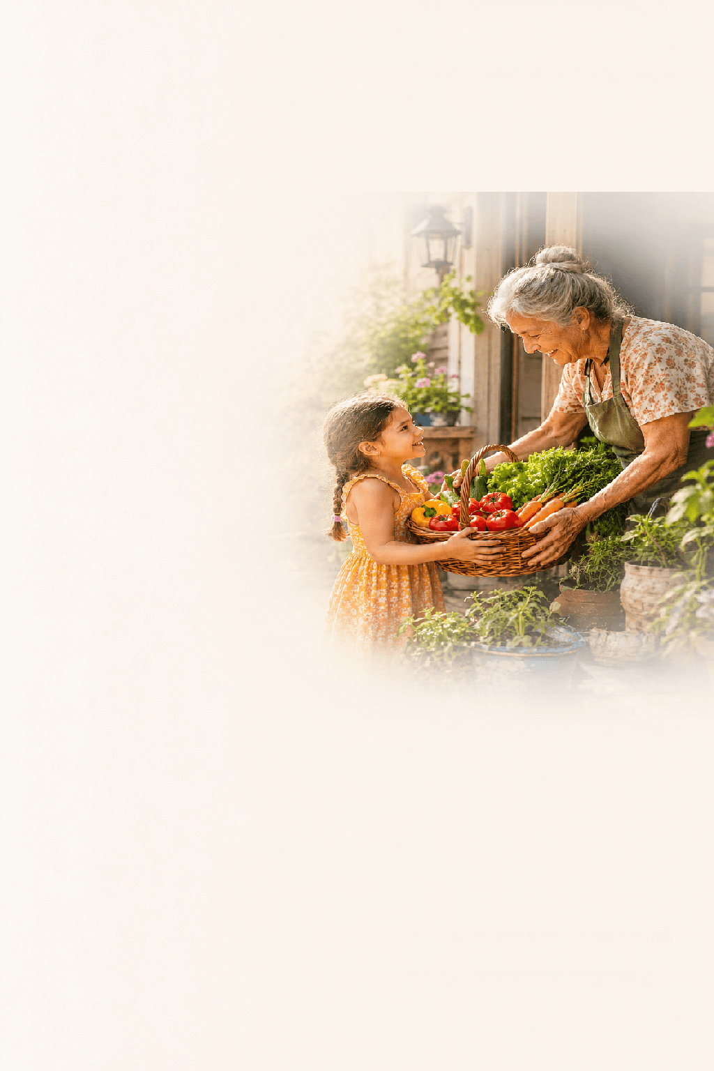 A grower sharing a basket of fresh produce with a child