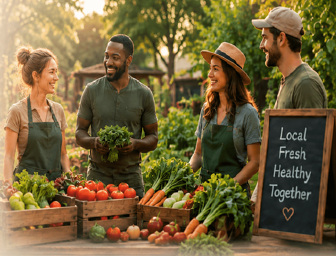 Neighbors and growers gathered around fresh local produce